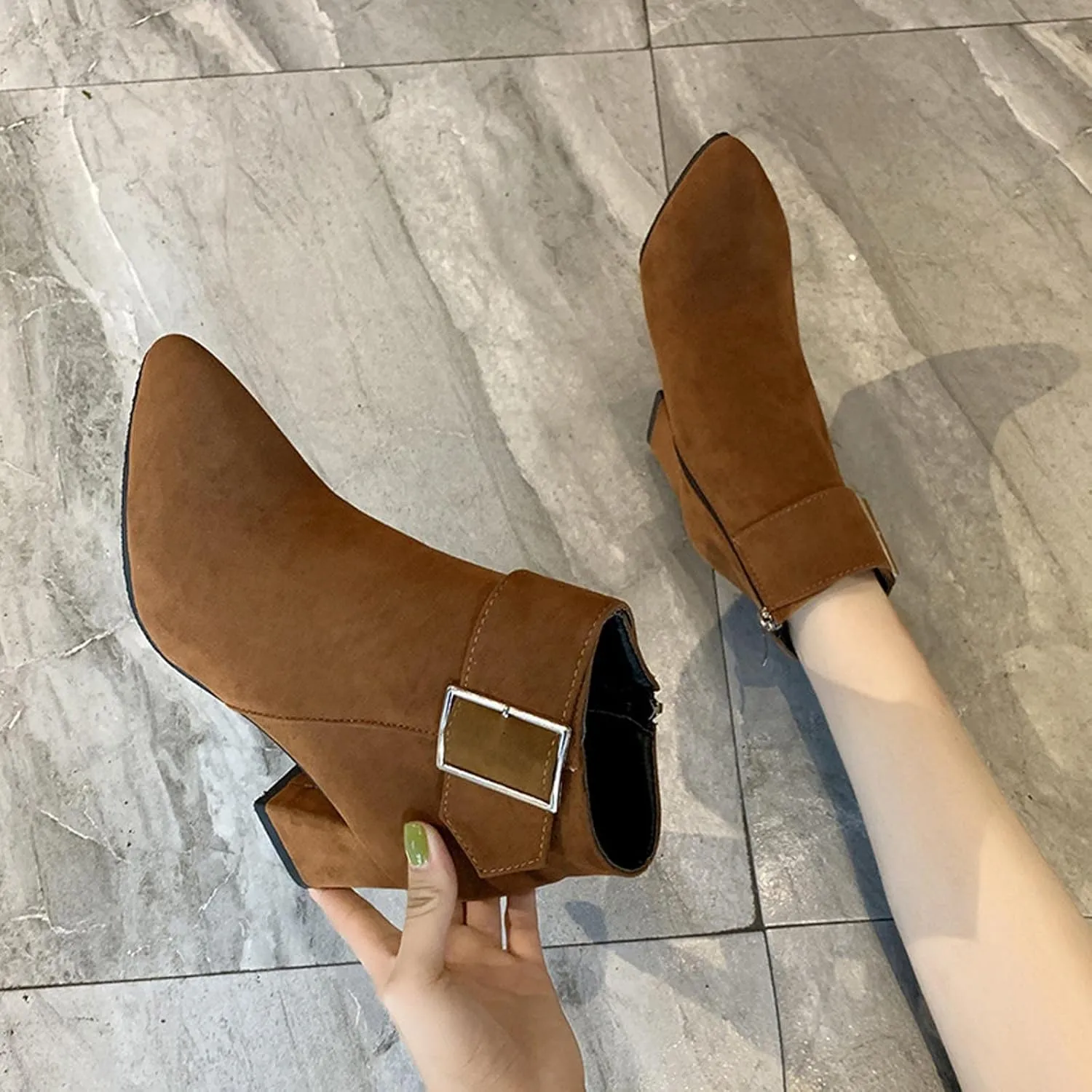 Ctreela Fashion Chunky Heel Pointed Boots Office Work Elegant Winter Ankle Boot Comfy Mid Heel Side Zip Faux Suede Booties