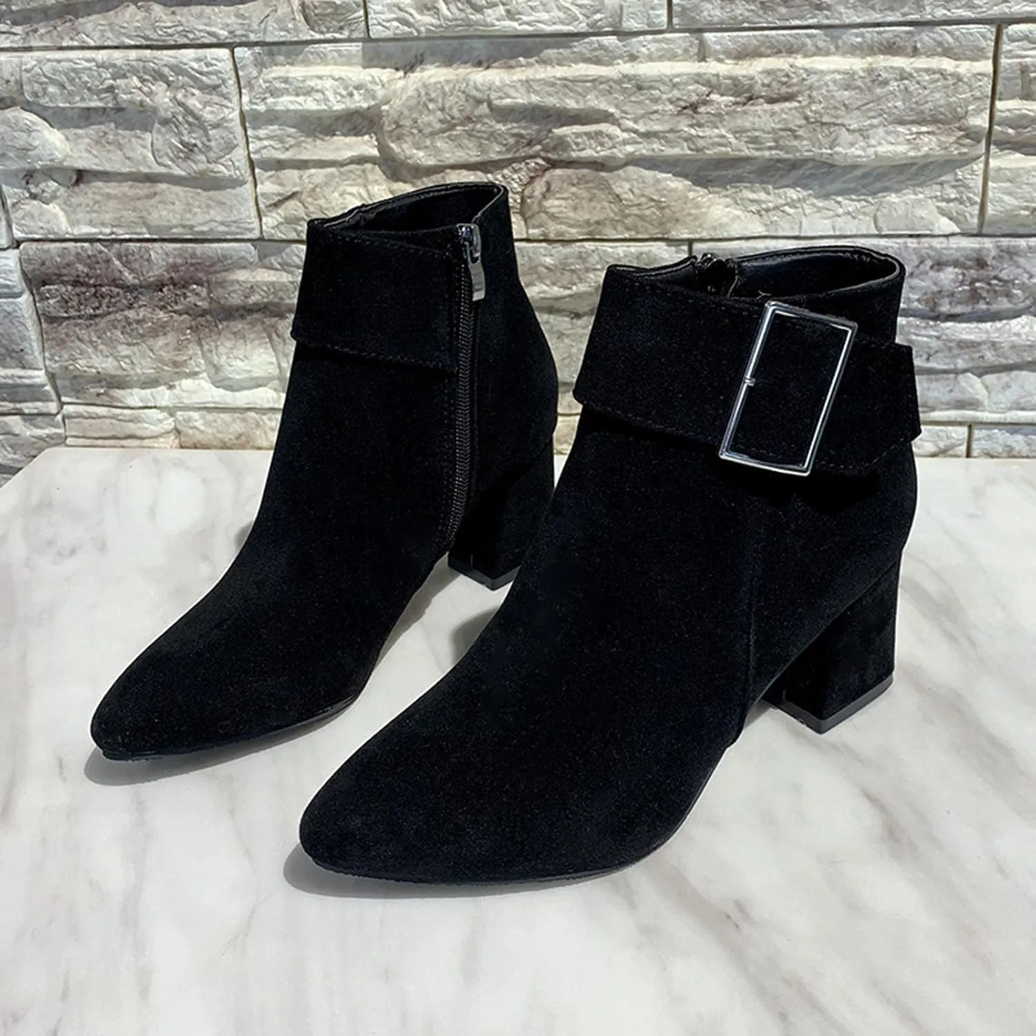 Ctreela Fashion Chunky Heel Pointed Boots Office Work Elegant Winter Ankle Boot Comfy Mid Heel Side Zip Faux Suede Booties