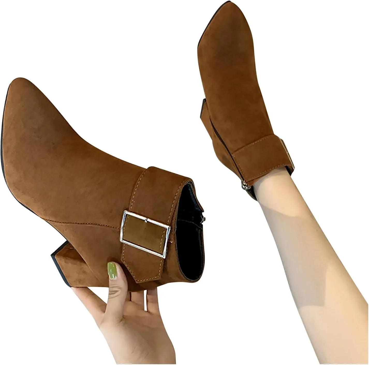 Ctreela Fashion Chunky Heel Pointed Boots Office Work Elegant Winter Ankle Boot Comfy Mid Heel Side Zip Faux Suede Booties