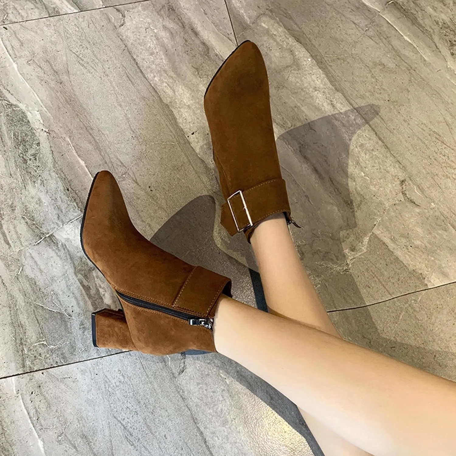 Ctreela Fashion Chunky Heel Pointed Boots Office Work Elegant Winter Ankle Boot Comfy Mid Heel Side Zip Faux Suede Booties