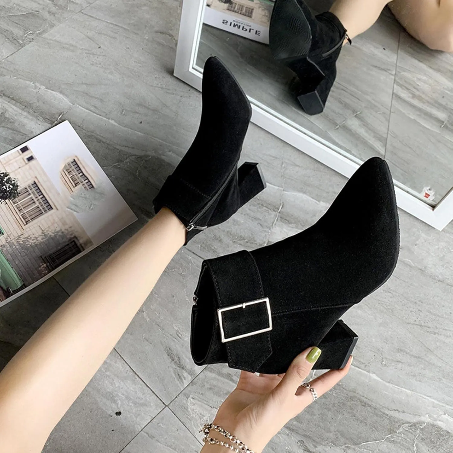Ctreela Fashion Chunky Heel Pointed Boots Office Work Elegant Winter Ankle Boot Comfy Mid Heel Side Zip Faux Suede Booties