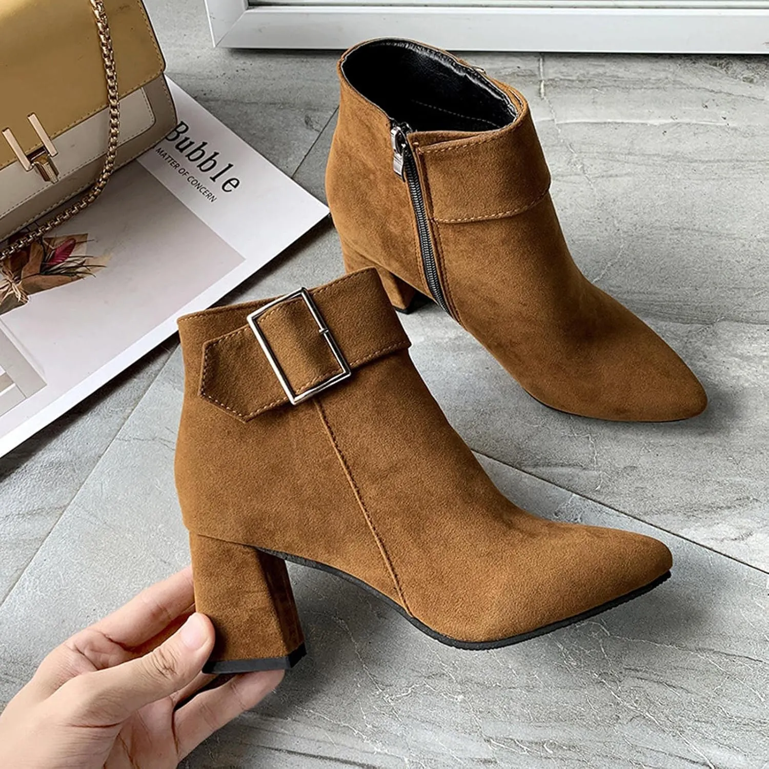 Ctreela Fashion Chunky Heel Pointed Boots Office Work Elegant Winter Ankle Boot Comfy Mid Heel Side Zip Faux Suede Booties