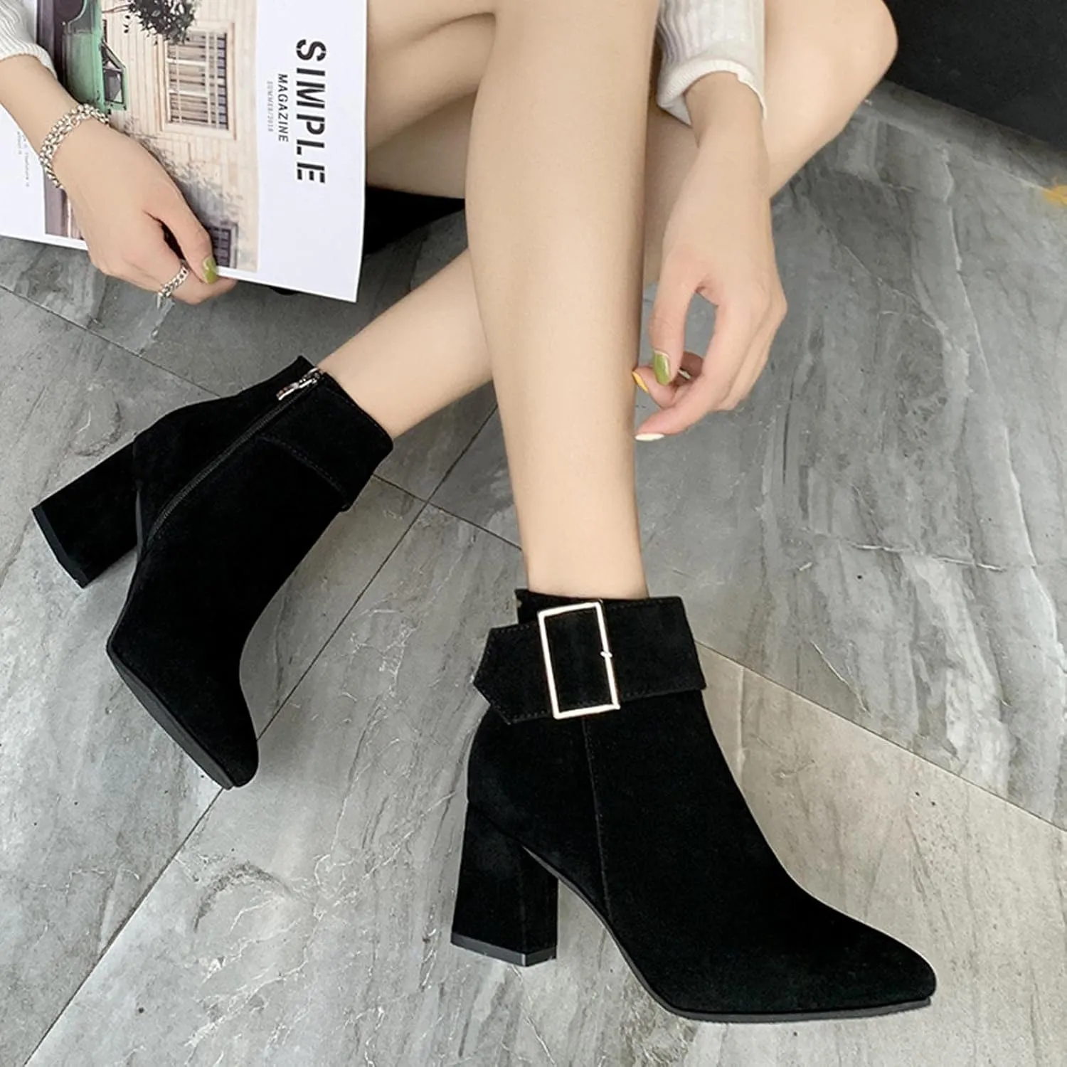 Ctreela Fashion Chunky Heel Pointed Boots Office Work Elegant Winter Ankle Boot Comfy Mid Heel Side Zip Faux Suede Booties