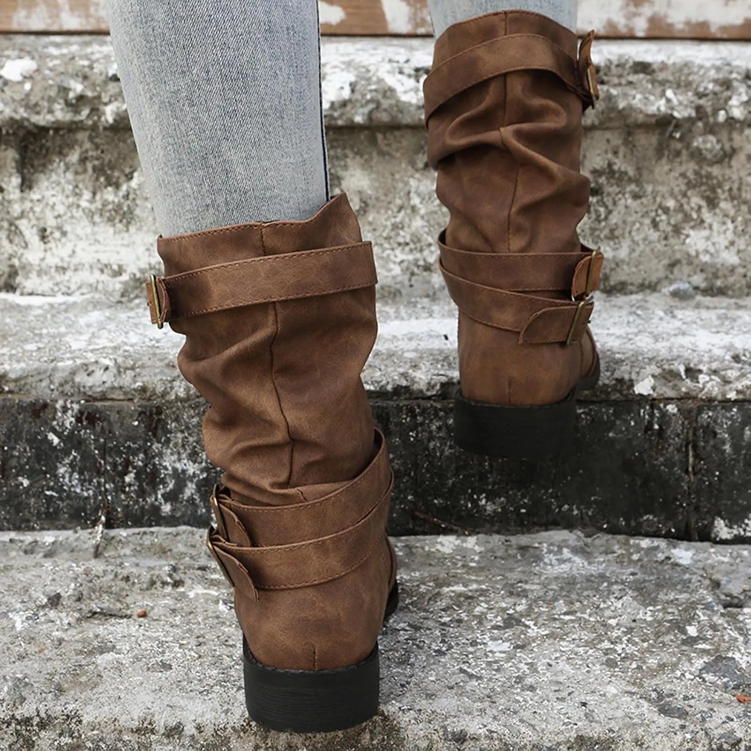 Ctreela Retro Slouch Mid-Calf Riding Boots Wide Leg Casual Vintage Wide-Calf Pull On Booties Winter Comfort Wild Boot Shoes