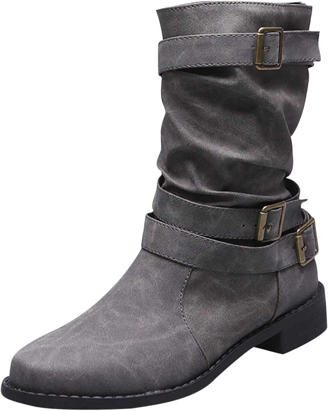 Ctreela Retro Slouch Mid-Calf Riding Boots Wide Leg Casual Vintage Wide-Calf Pull On Booties Winter Comfort Wild Boot Shoes
