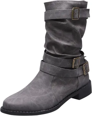 Ctreela Retro Slouch Mid-Calf Riding Boots Wide Leg Casual Vintage Wide-Calf Pull On Booties Winter Comfort Wild Boot Shoes