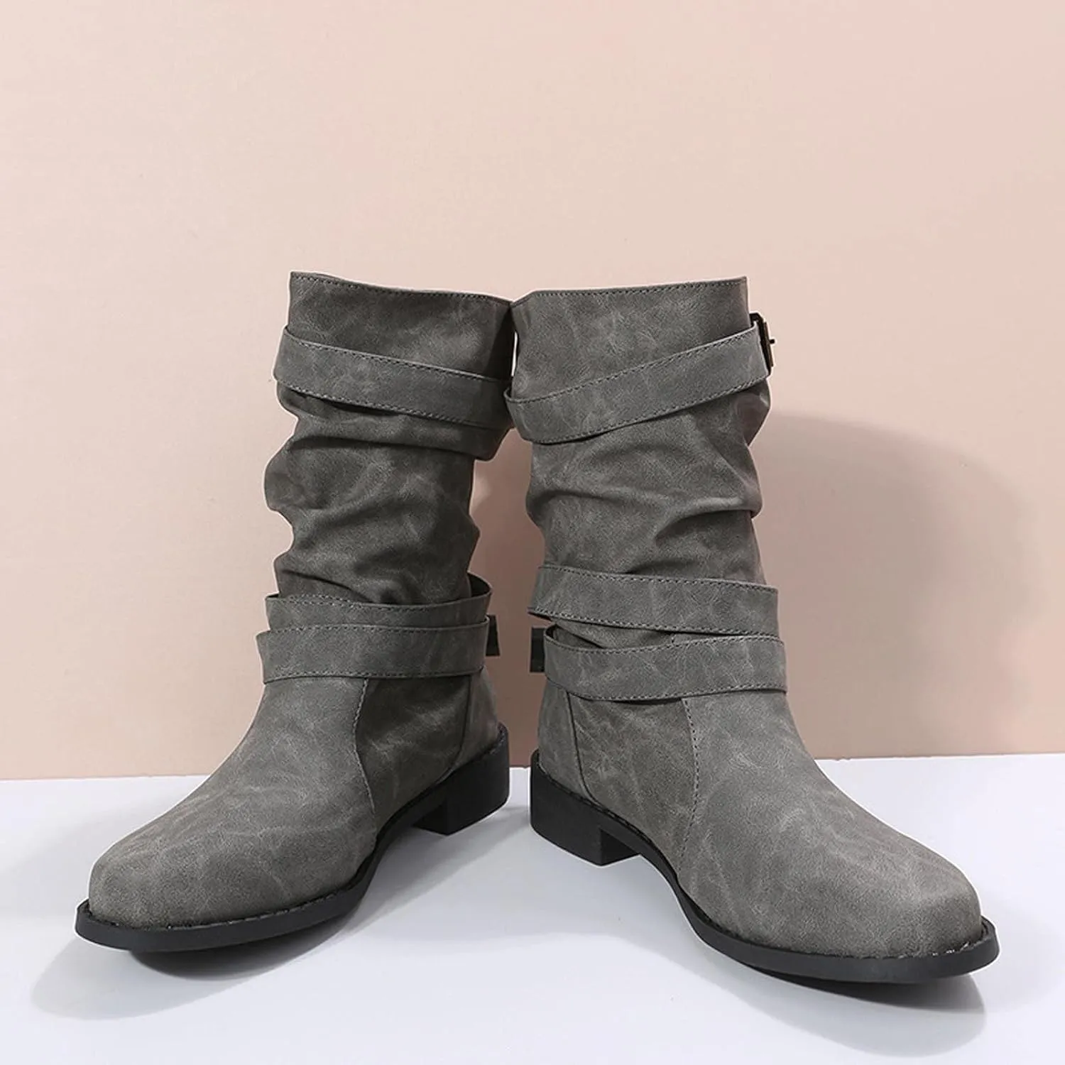 Ctreela Retro Slouch Mid-Calf Riding Boots Wide Leg Casual Vintage Wide-Calf Pull On Booties Winter Comfort Wild Boot Shoes