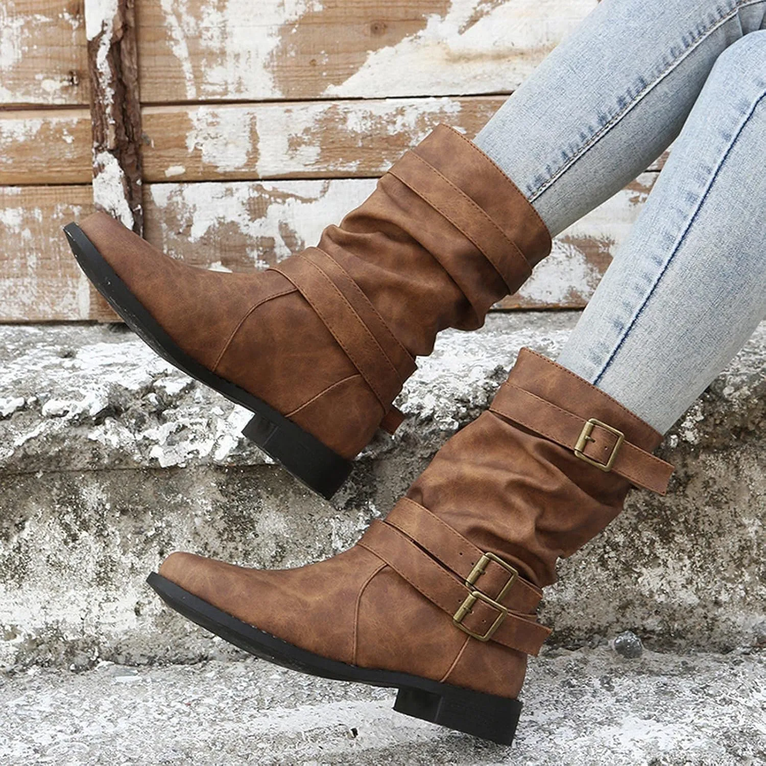 Ctreela Retro Slouch Mid-Calf Riding Boots Wide Leg Casual Vintage Wide-Calf Pull On Booties Winter Comfort Wild Boot Shoes
