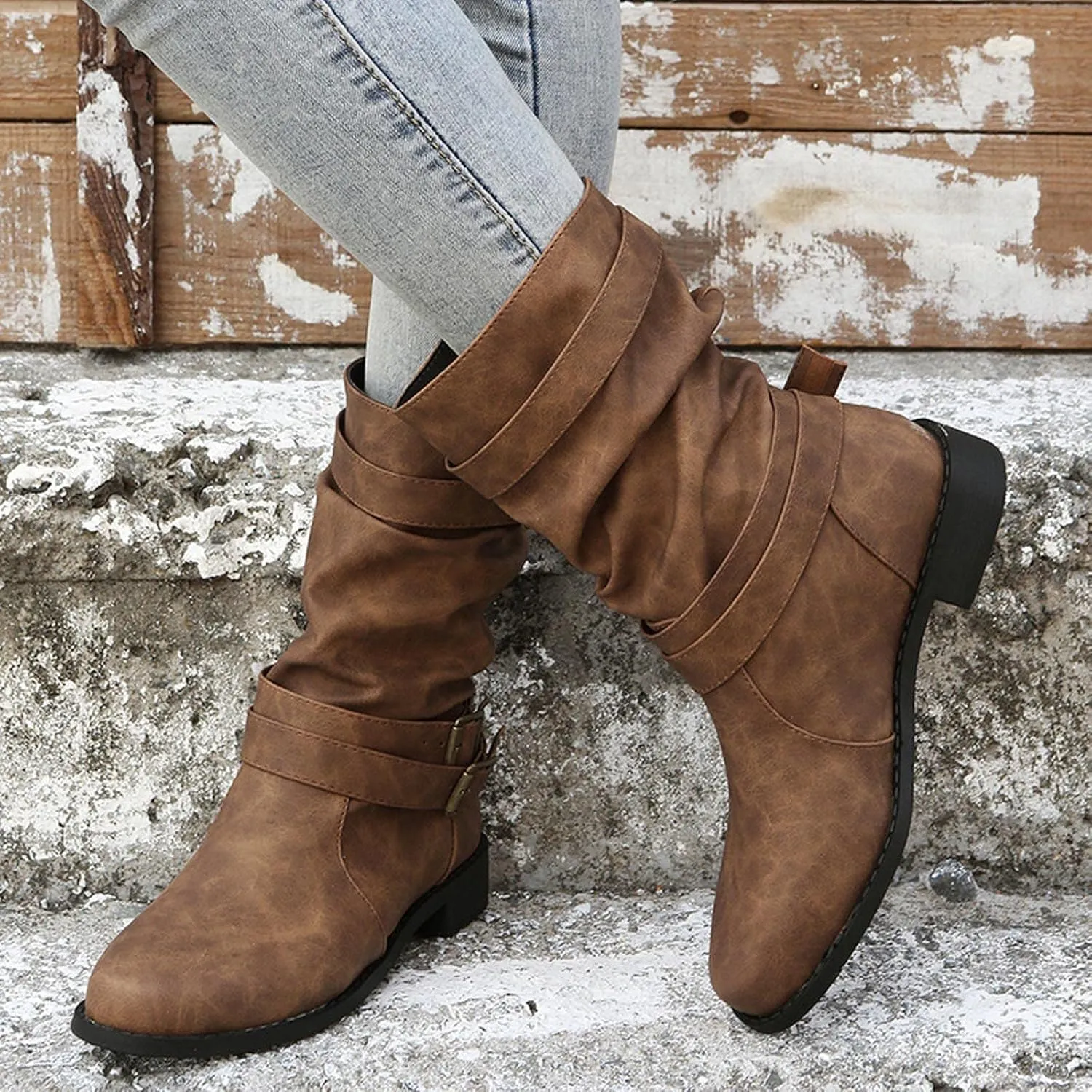 Ctreela Retro Slouch Mid-Calf Riding Boots Wide Leg Casual Vintage Wide-Calf Pull On Booties Winter Comfort Wild Boot Shoes