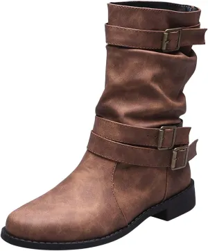 Ctreela Retro Slouch Mid-Calf Riding Boots Wide Leg Casual Vintage Wide-Calf Pull On Booties Winter Comfort Wild Boot Shoes