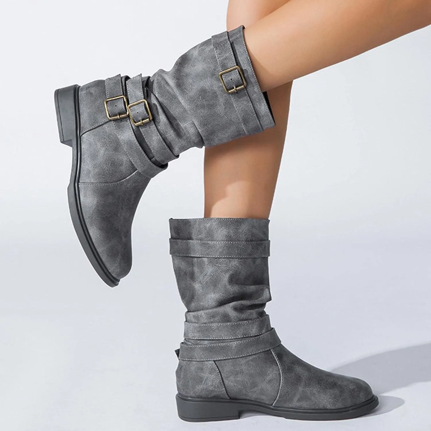 Ctreela Retro Slouch Mid-Calf Riding Boots Wide Leg Casual Vintage Wide-Calf Pull On Booties Winter Comfort Wild Boot Shoes