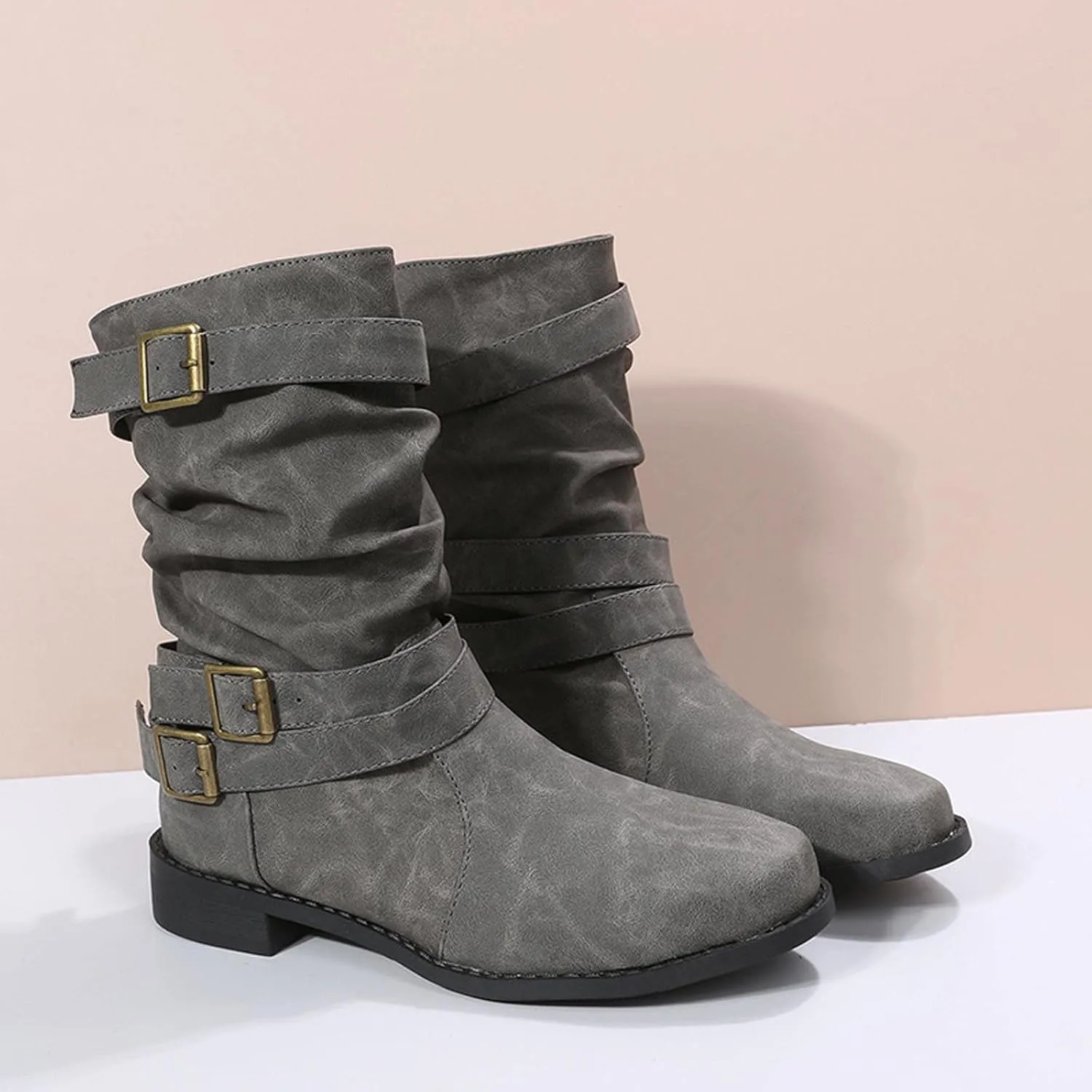 Ctreela Retro Slouch Mid-Calf Riding Boots Wide Leg Casual Vintage Wide-Calf Pull On Booties Winter Comfort Wild Boot Shoes