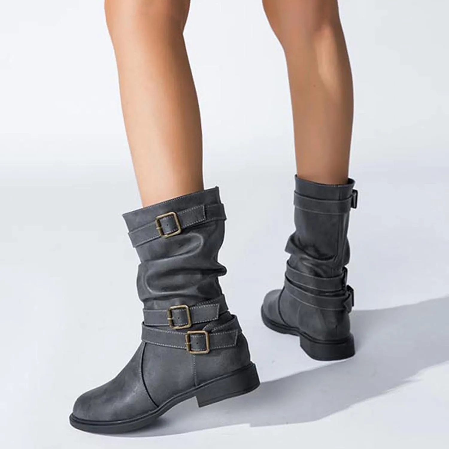 Ctreela Retro Slouch Mid-Calf Riding Boots Wide Leg Casual Vintage Wide-Calf Pull On Booties Winter Comfort Wild Boot Shoes