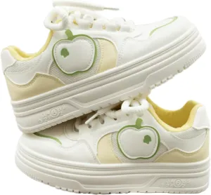 Cute Apple Sneakers for Women Lace-Up Platforms Cartoon Girl Cat & Fish Skate Shoes Thick Sole Height Increase Walking Cute Shoes