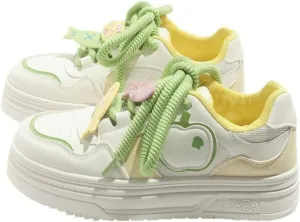 Cute Apple Sneakers for Women Lace-Up Platforms Cartoon Girl Cat & Fish Skate Shoes Thick Sole Height Increase Walking Cute Shoes