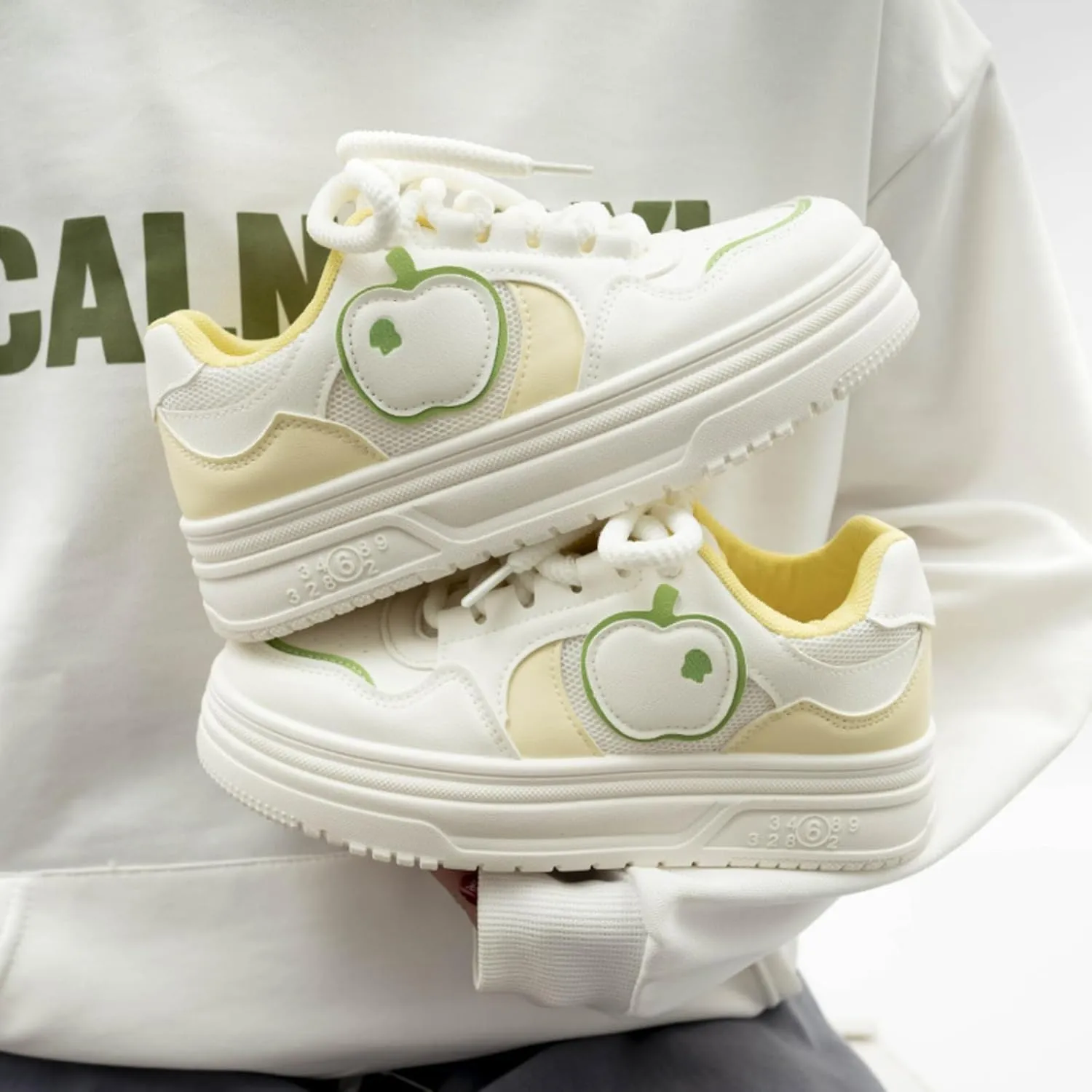 Cute Apple Sneakers for Women Lace-Up Platforms Cartoon Girl Cat & Fish Skate Shoes Thick Sole Height Increase Walking Cute Shoes