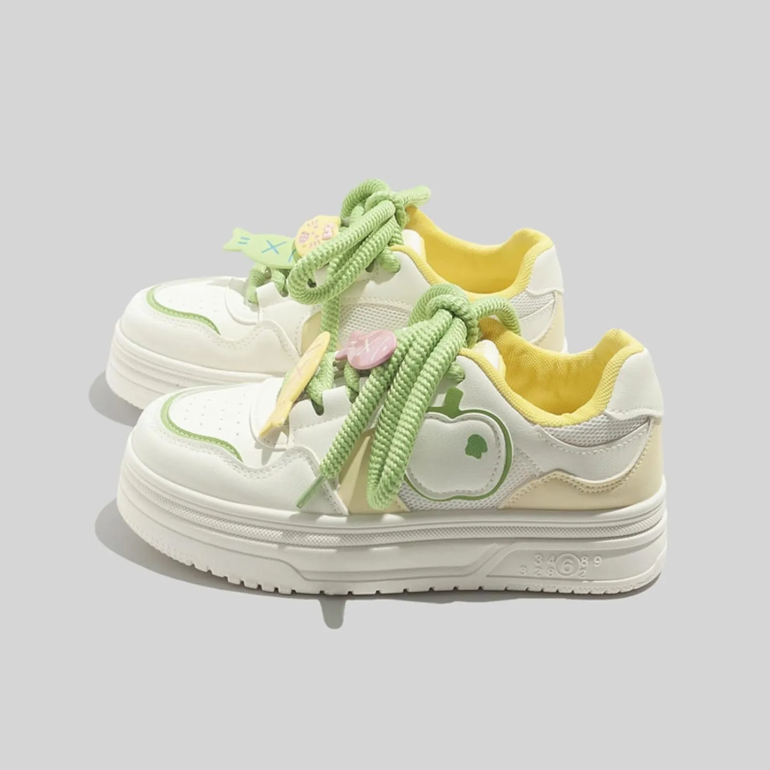 Cute Apple Sneakers for Women Lace-Up Platforms Cartoon Girl Cat & Fish Skate Shoes Thick Sole Height Increase Walking Cute Shoes