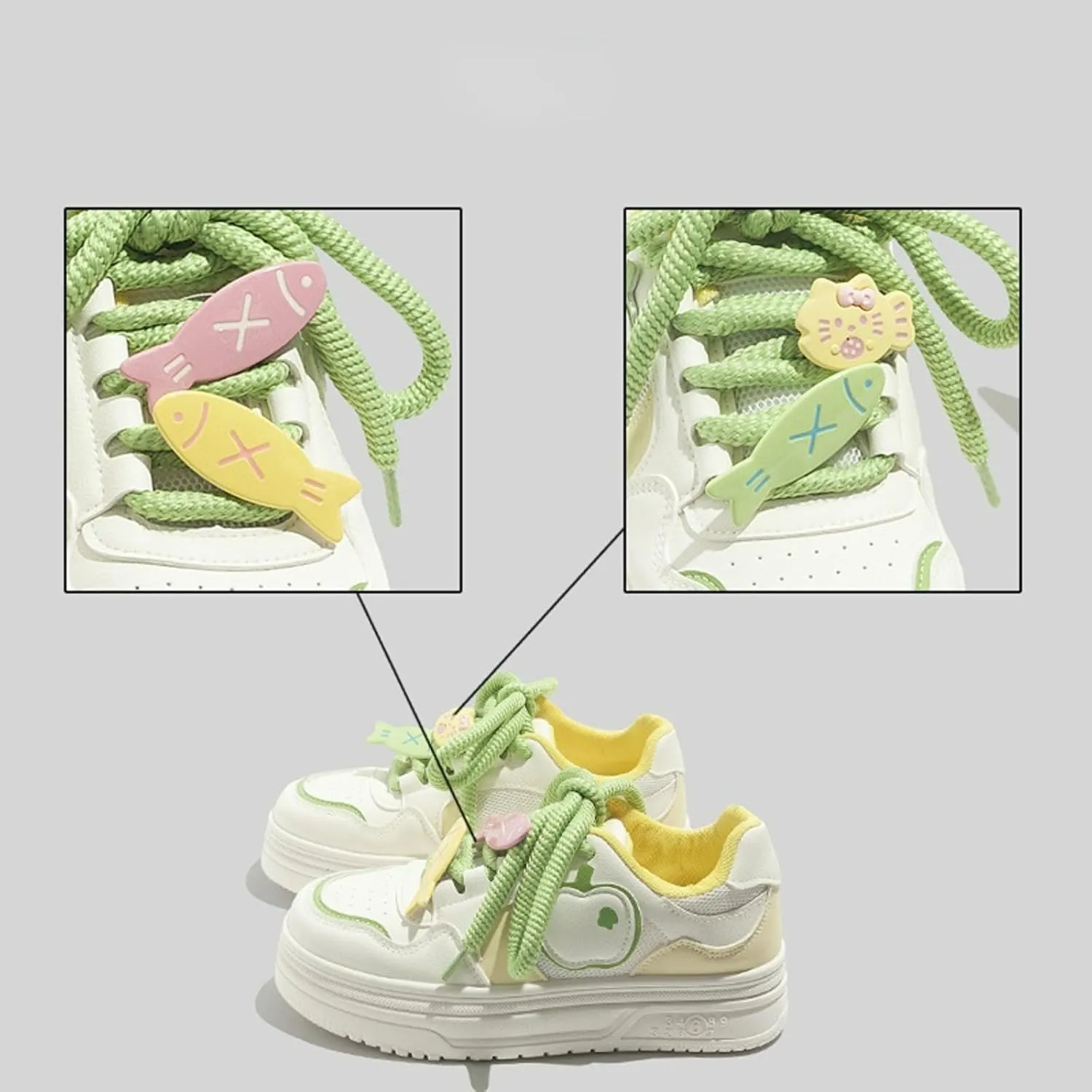 Cute Apple Sneakers for Women Lace-Up Platforms Cartoon Girl Cat & Fish Skate Shoes Thick Sole Height Increase Walking Cute Shoes