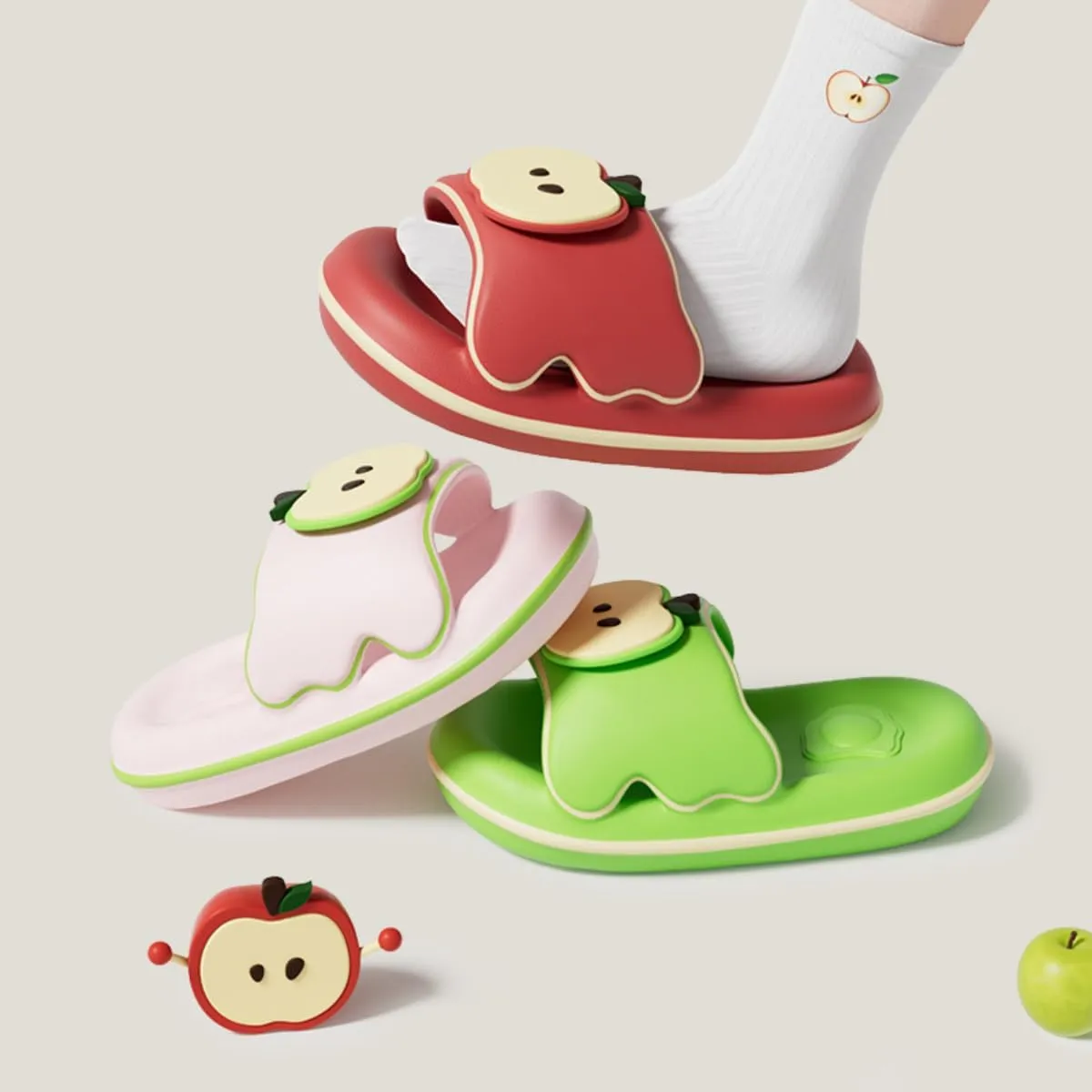 Cute Soft Apple Sandals for Women Korean Thick Sole Kawaii Cartoon Slippers Non-Slip Slides Girly Gift Indoor Outdoor