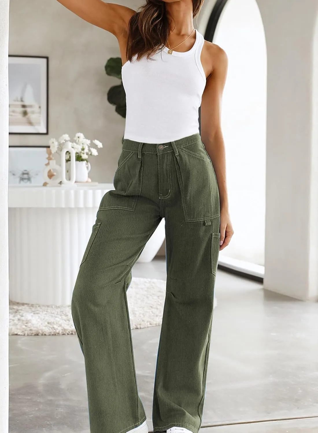 Dokotoo Cargo Long Pants Women 2024 Wide Leg High Waisted with Pockets Casual Pants
