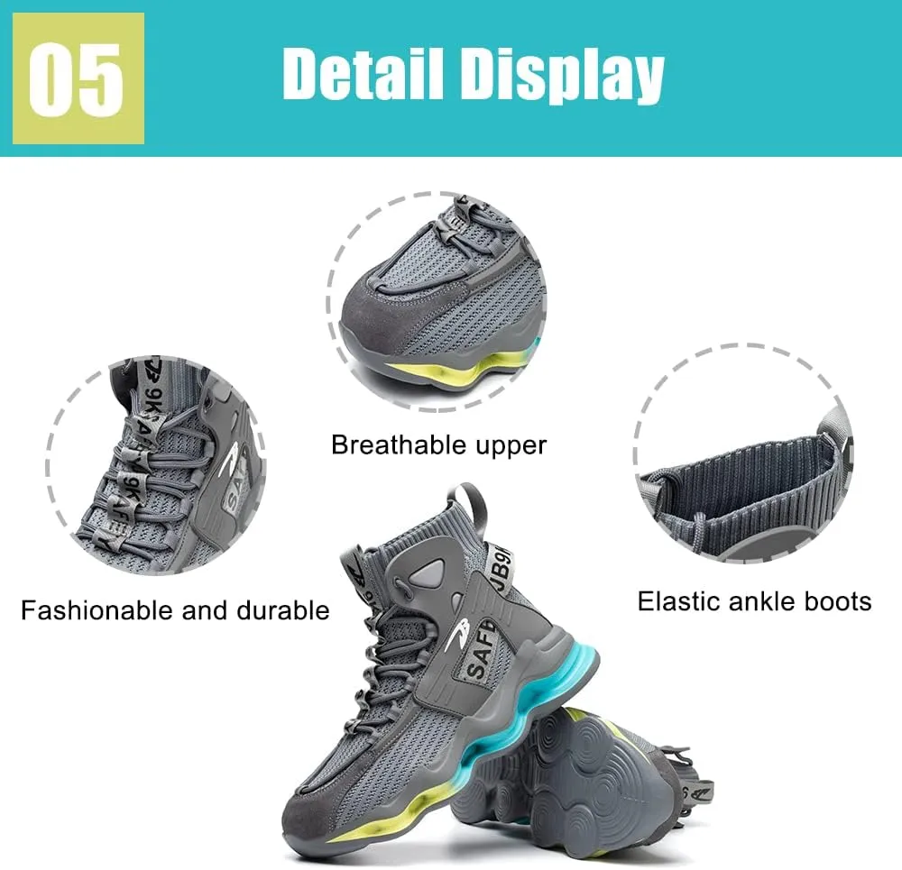 DRECAGE Steel Toe Boots Mens Womens Work Boots Breathable Knit Comfortable High top Safety Boots Construction Indestructible Working Shoes