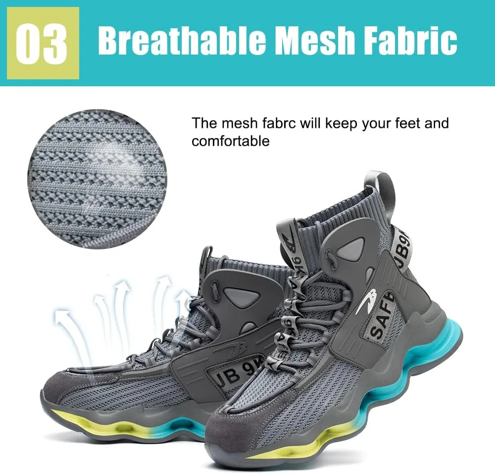 DRECAGE Steel Toe Boots Mens Womens Work Boots Breathable Knit Comfortable High top Safety Boots Construction Indestructible Working Shoes