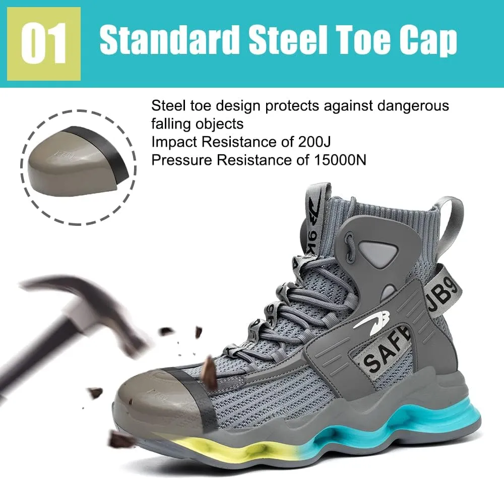 DRECAGE Steel Toe Boots Mens Womens Work Boots Breathable Knit Comfortable High top Safety Boots Construction Indestructible Working Shoes