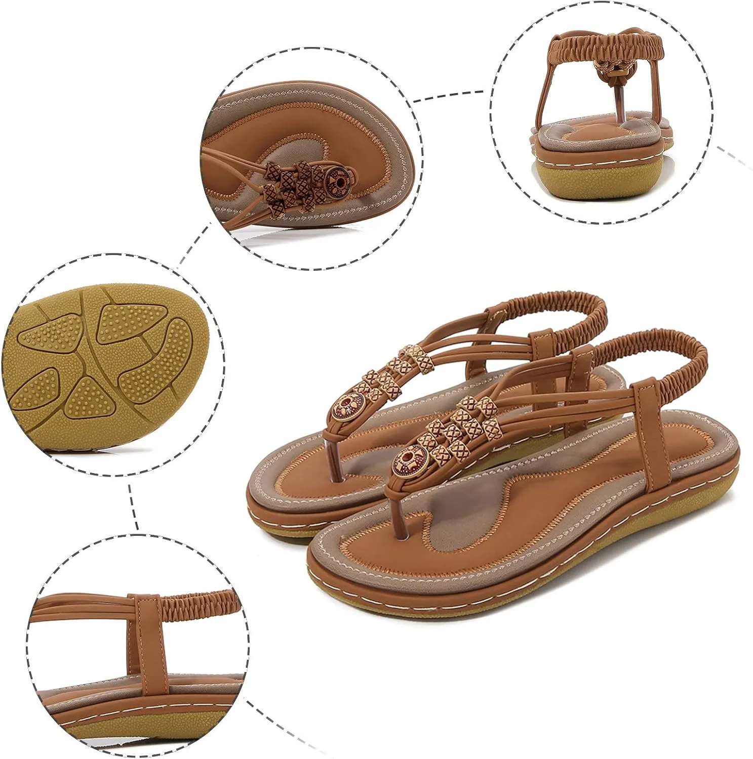 Dressy Bohemian Sandals for Women Beach Wedding Comfort Walking Flats Sandal with Non Slip Sole Beaded Elastic Ankle Strap Summer Flat Shoes with Arch Support