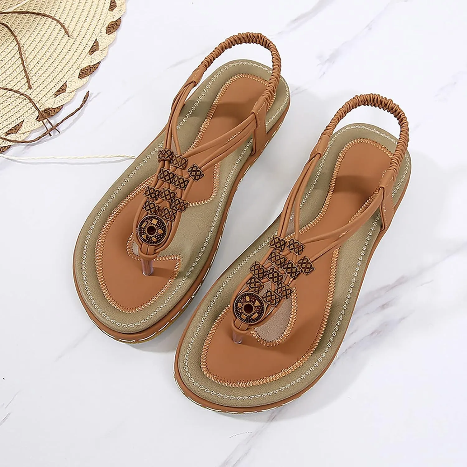 Dressy Bohemian Sandals for Women Beach Wedding Comfort Walking Flats Sandal with Non Slip Sole Beaded Elastic Ankle Strap Summer Flat Shoes with Arch Support