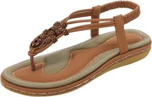 Dressy Bohemian Sandals for Women Beach Wedding Comfort Walking Flats Sandal with Non Slip Sole Beaded Elastic Ankle Strap Summer Flat Shoes with Arch Support