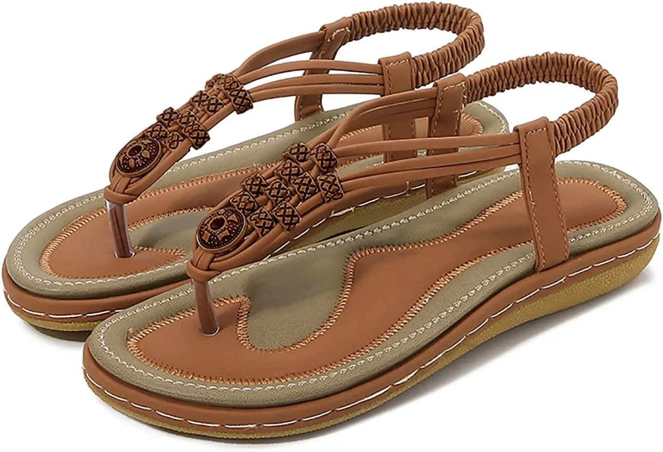 Dressy Bohemian Sandals for Women Beach Wedding Comfort Walking Flats Sandal with Non Slip Sole Beaded Elastic Ankle Strap Summer Flat Shoes with Arch Support