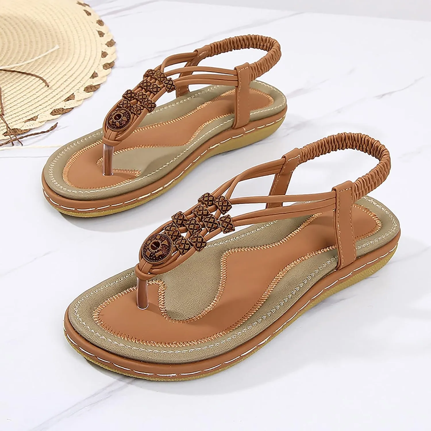 Dressy Bohemian Sandals for Women Beach Wedding Comfort Walking Flats Sandal with Non Slip Sole Beaded Elastic Ankle Strap Summer Flat Shoes with Arch Support