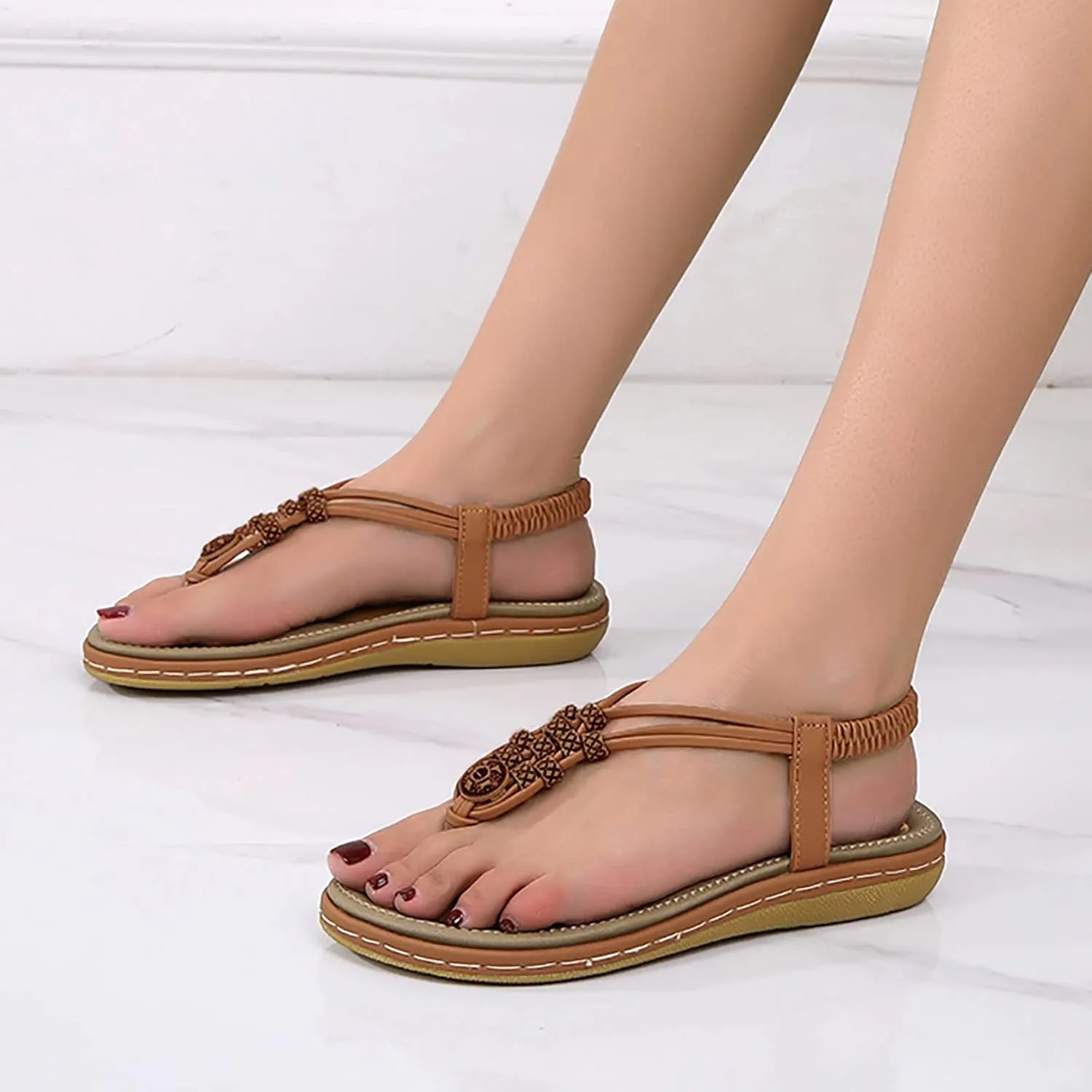 Dressy Bohemian Sandals for Women Beach Wedding Comfort Walking Flats Sandal with Non Slip Sole Beaded Elastic Ankle Strap Summer Flat Shoes with Arch Support