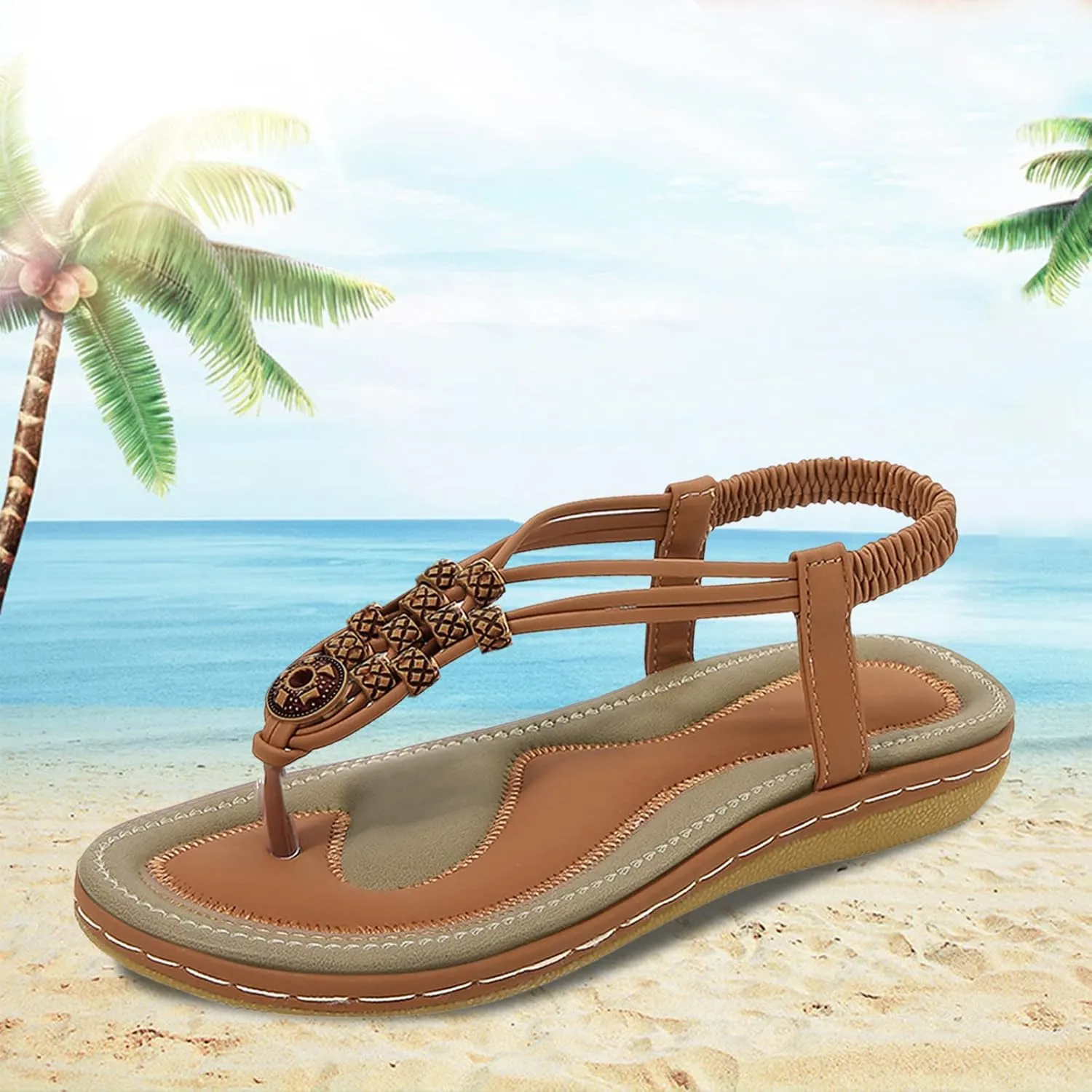 Dressy Bohemian Sandals for Women Beach Wedding Comfort Walking Flats Sandal with Non Slip Sole Beaded Elastic Ankle Strap Summer Flat Shoes with Arch Support