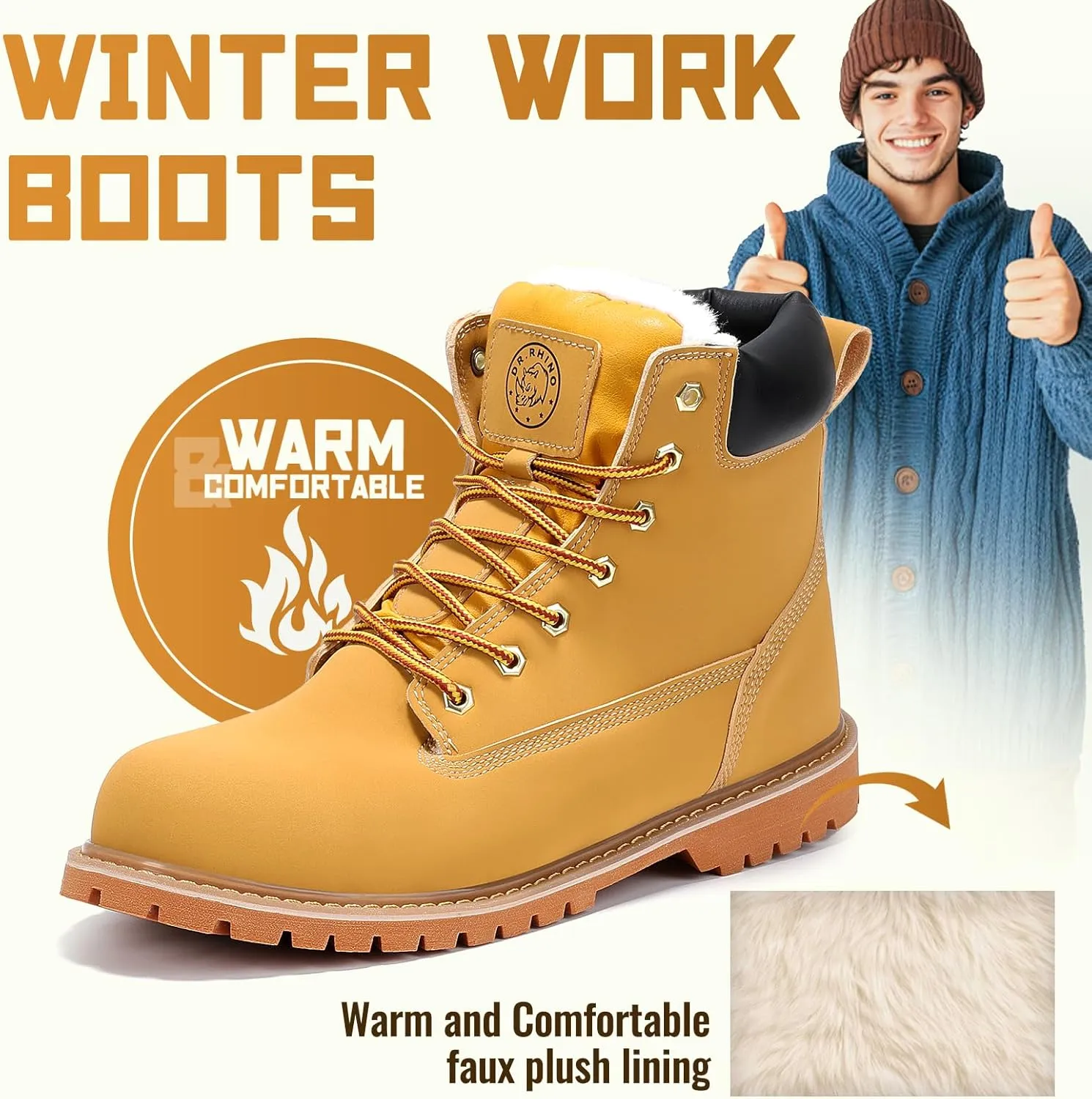 Dr.RHINO Winter Steel Toe Boots for Men Comfortable Winter Work Boots Waterproof Slip Resistant Snow Safety Boots Indestructible Construction Boots