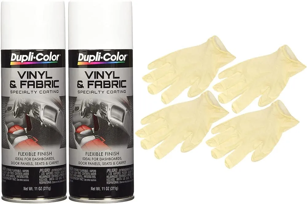 Duplicolor Gloss White Vinyl and Fabric Spray (11 oz) Bundle with Latex Gloves (6 Items)