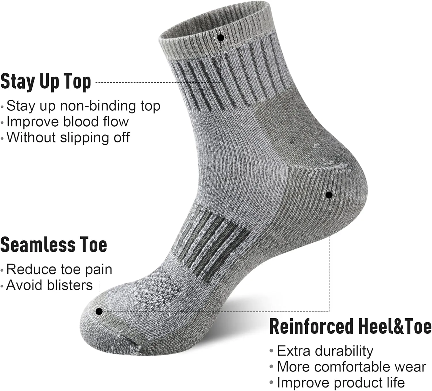 ECOEY Men's Merino Wool Cushioned Hiking Trekking Socks 4 Pairs, Quarter Length with Moisture Wicking