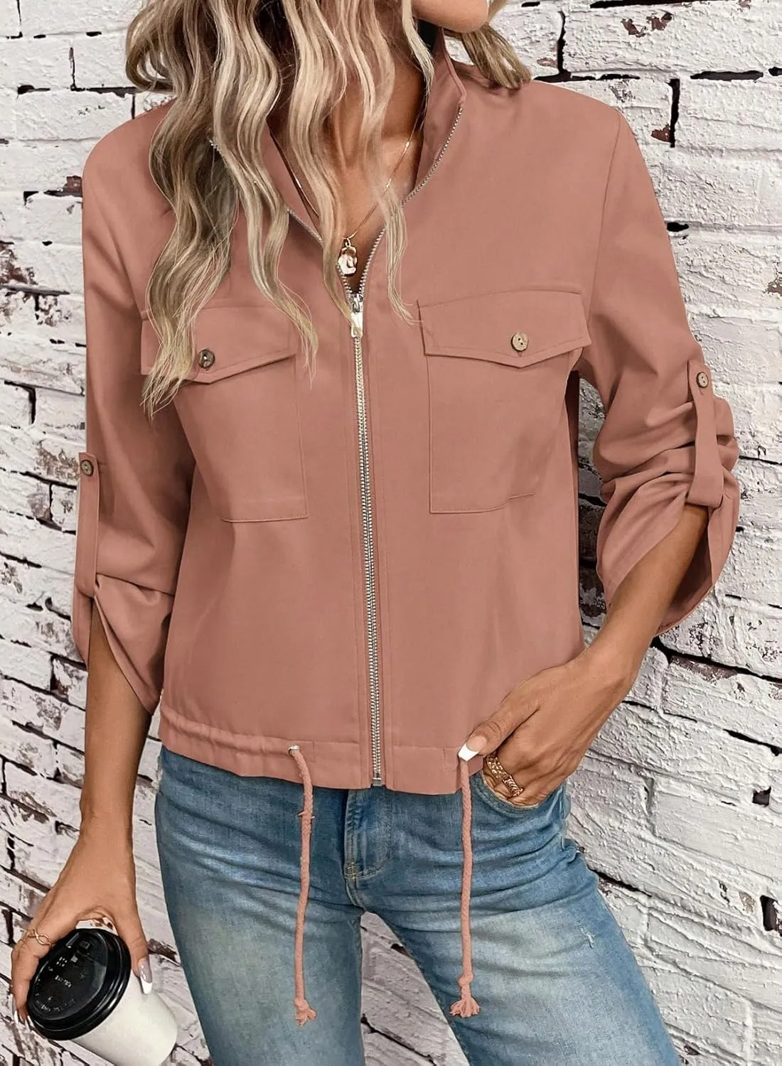 EVALESS Womens Zip Up Jacket Roll Tab Sleeve Flap Pocket Drawstring Hem Utility Lightweight Cropped Jackets