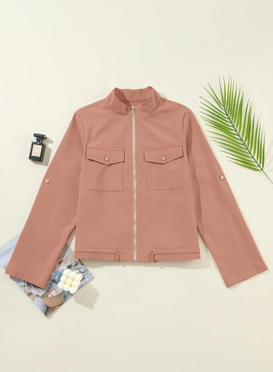 EVALESS Womens Zip Up Jacket Roll Tab Sleeve Flap Pocket Drawstring Hem Utility Lightweight Cropped Jackets