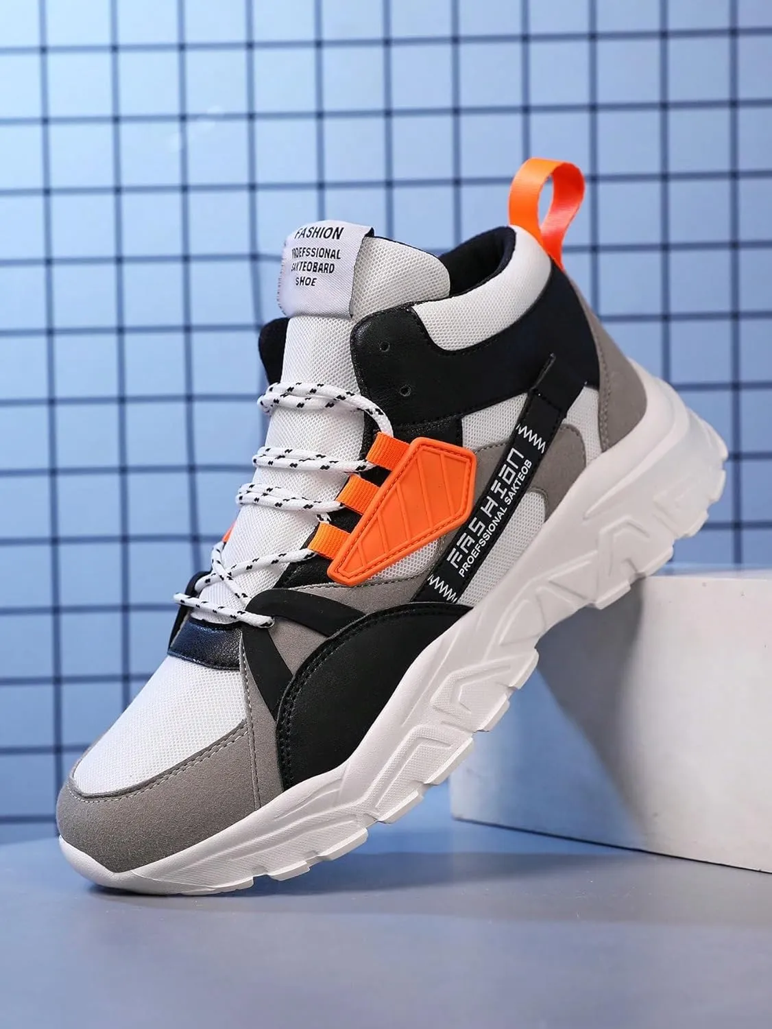 Faux Leather Colorblock Y2K High Top Sneakers with 2 Inch Platform Casual Streetwear Skate Shoes for Daily Wear Concert Travel Unique Unisex Chunky Style