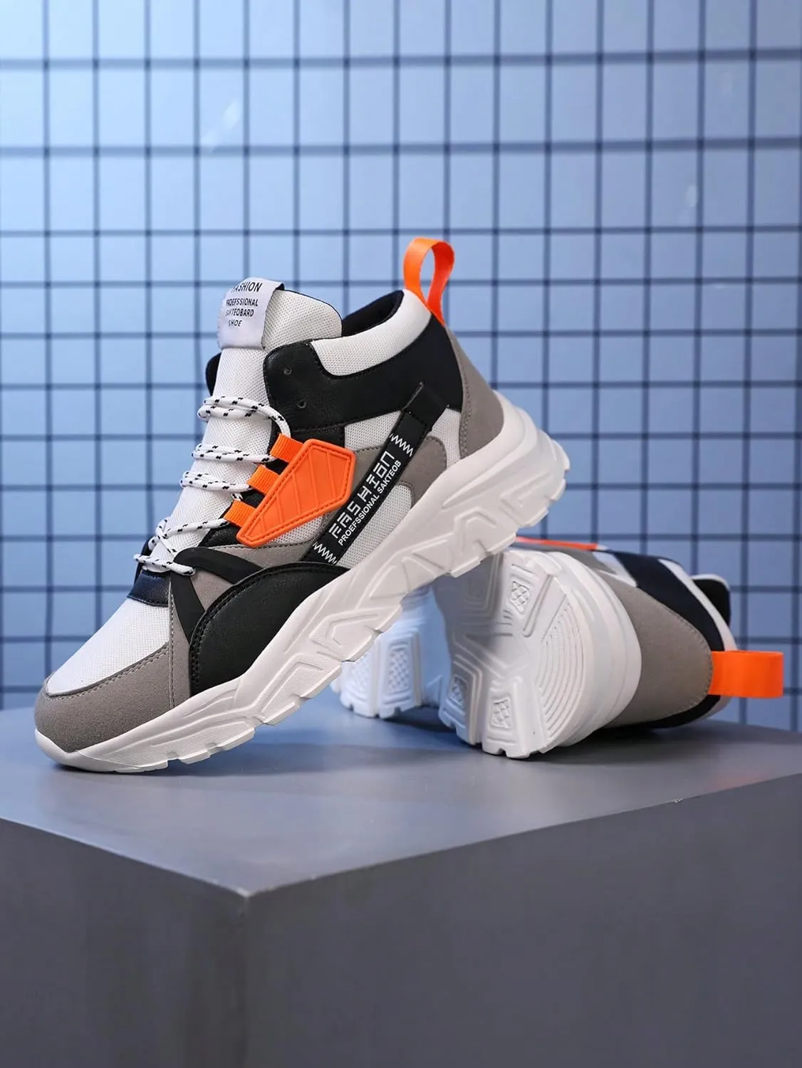 Faux Leather Colorblock Y2K High Top Sneakers with 2 Inch Platform Casual Streetwear Skate Shoes for Daily Wear Concert Travel Unique Unisex Chunky Style