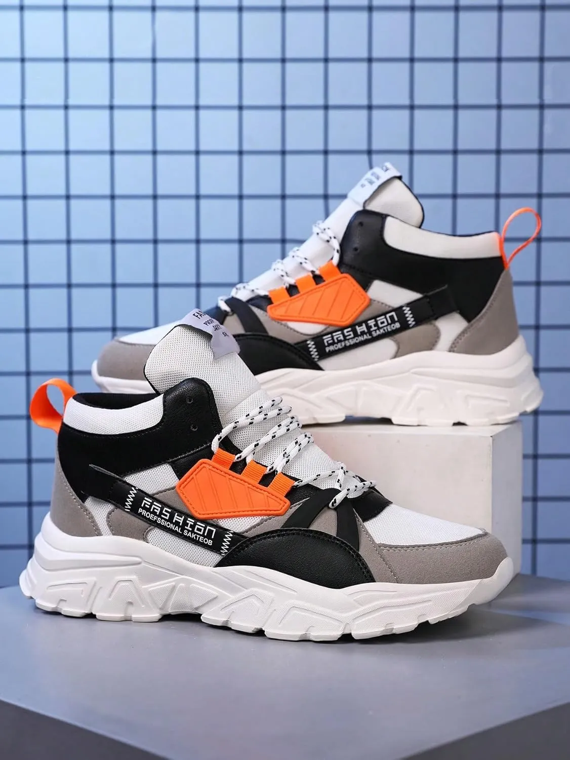 Faux Leather Colorblock Y2K High Top Sneakers with 2 Inch Platform Casual Streetwear Skate Shoes for Daily Wear Concert Travel Unique Unisex Chunky Style