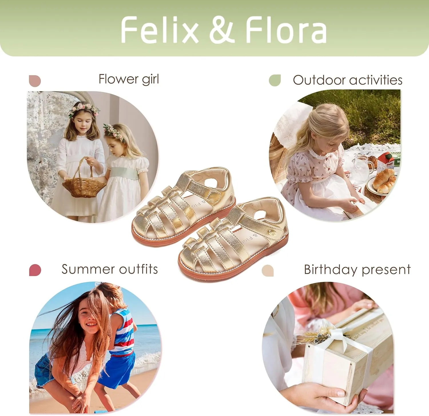 Felix & Flora Toddler Girls Sandals Flower Girl Shoes Soft Rubber Princess Summer Flat Shoes