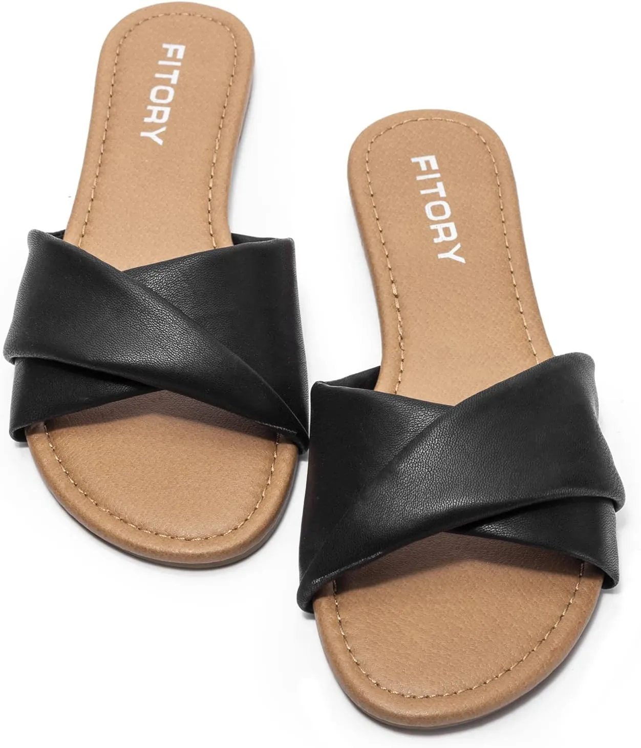 FITORY Women's Flat Sandals Fashion Slides With Soft Leather Slippers for Summer Size 6-11