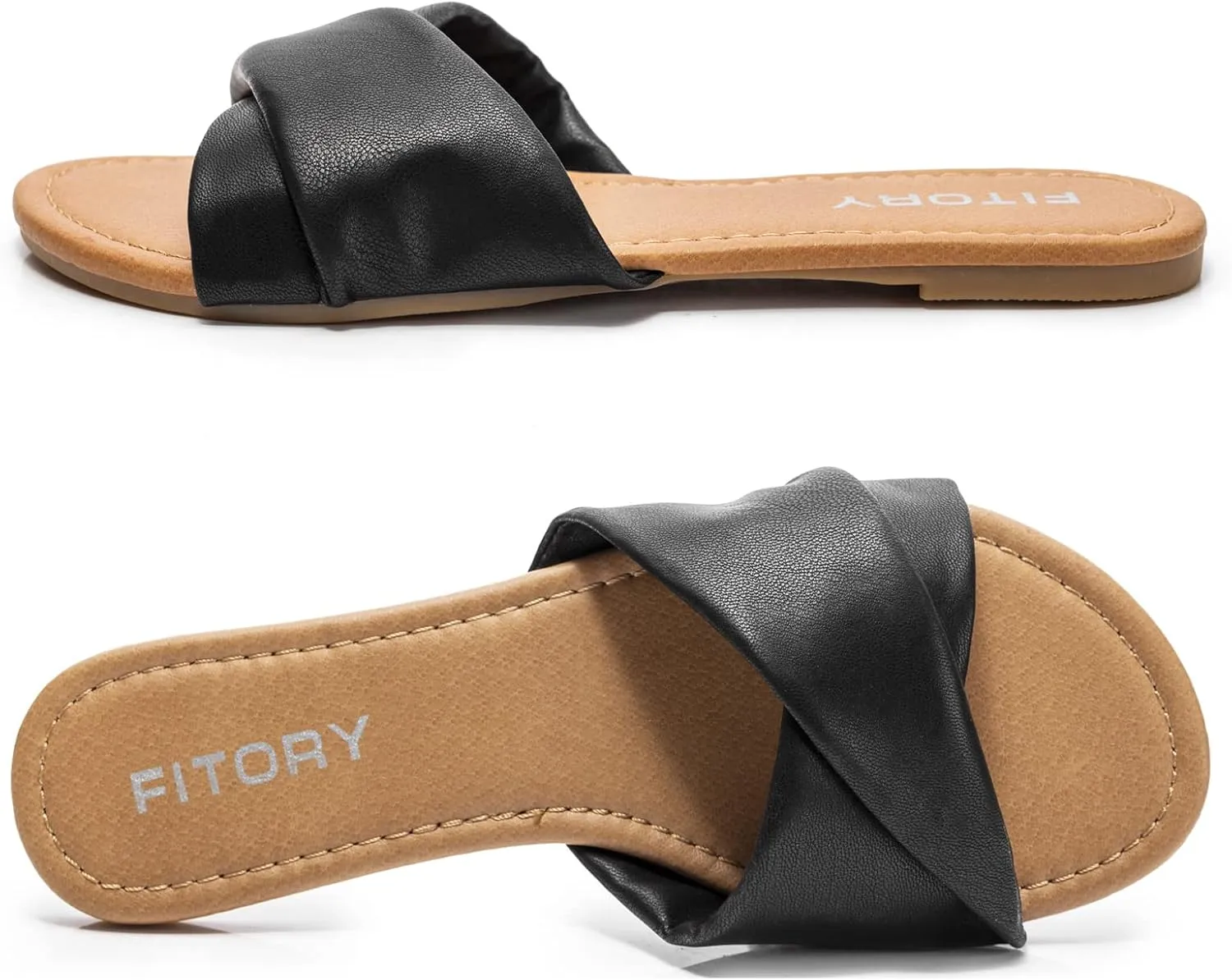 FITORY Women's Flat Sandals Fashion Slides With Soft Leather Slippers for Summer Size 6-11