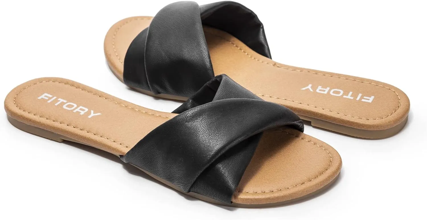 FITORY Women's Flat Sandals Fashion Slides With Soft Leather Slippers for Summer Size 6-11