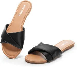 FITORY Women's Flat Sandals Fashion Slides With Soft Leather Slippers for Summer Size 6-11