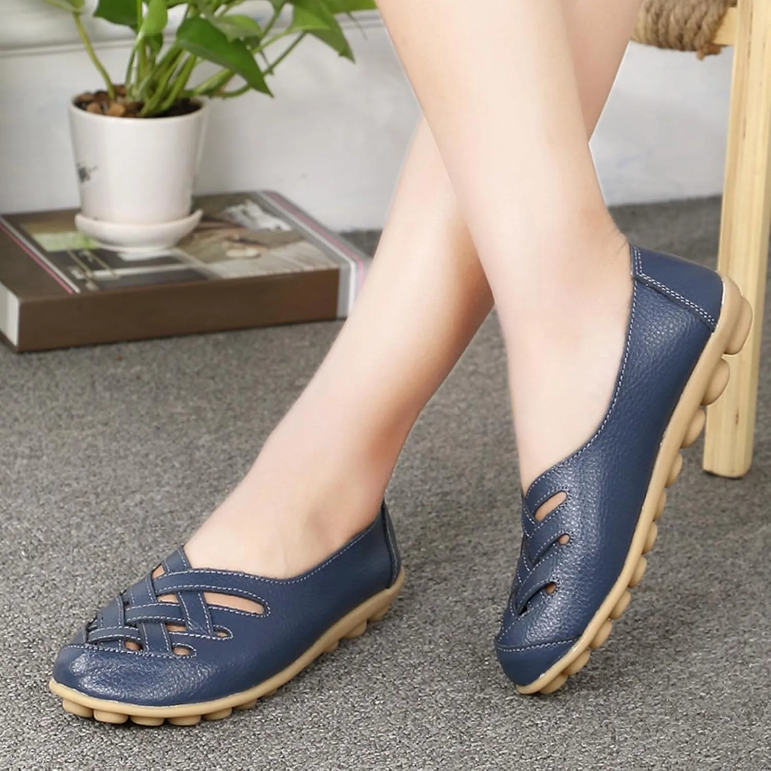 Flat Loafer Shoes for Women Wide Width Round Toe Hollow Soft Flats Sandals Comfortable Summer Casual Slip-On Walking Moccasins Shoes Breathable Lightweight Nurse Driving Soft Soles Fashion Loafers