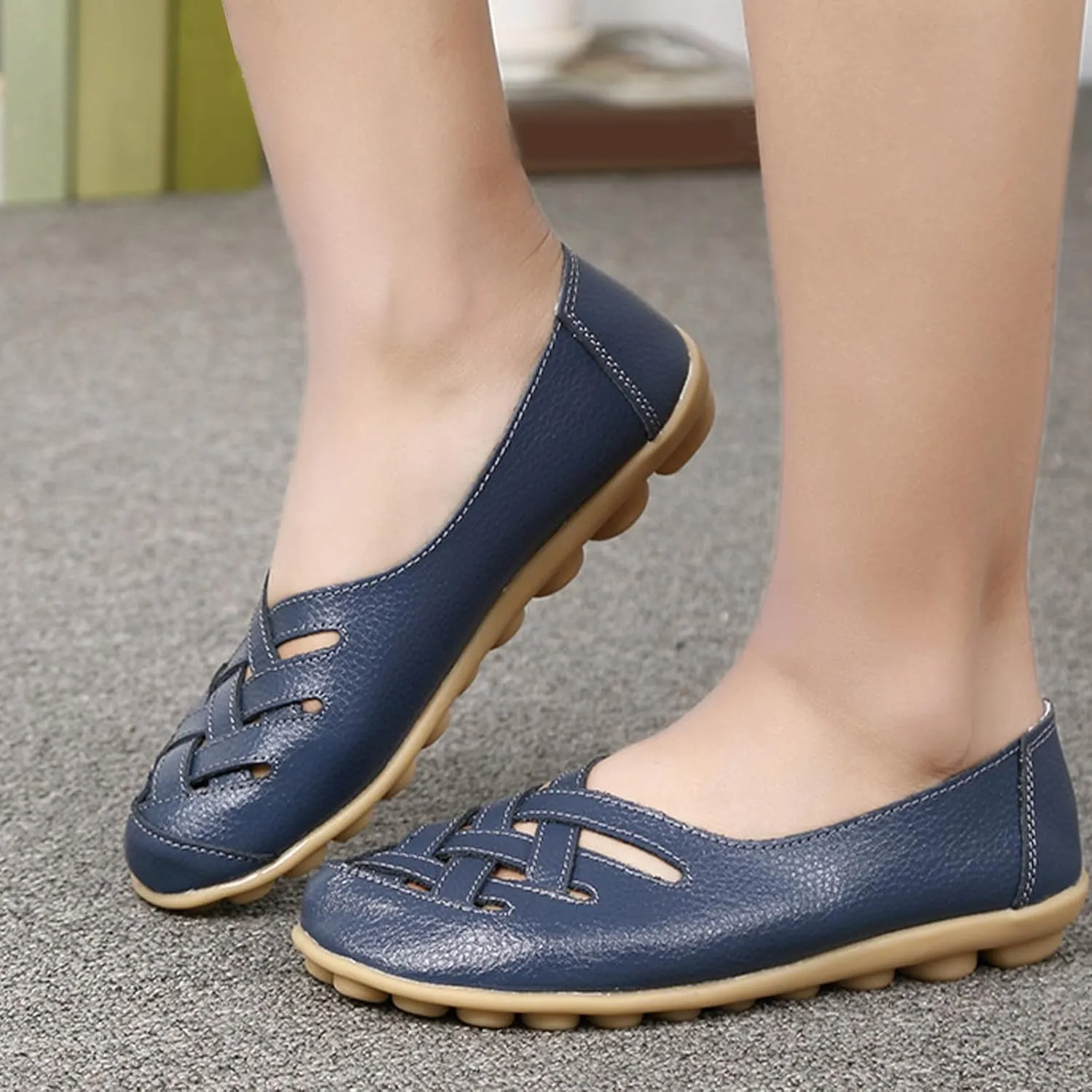Flat Loafer Shoes for Women Wide Width Round Toe Hollow Soft Flats Sandals Comfortable Summer Casual Slip-On Walking Moccasins Shoes Breathable Lightweight Nurse Driving Soft Soles Fashion Loafers