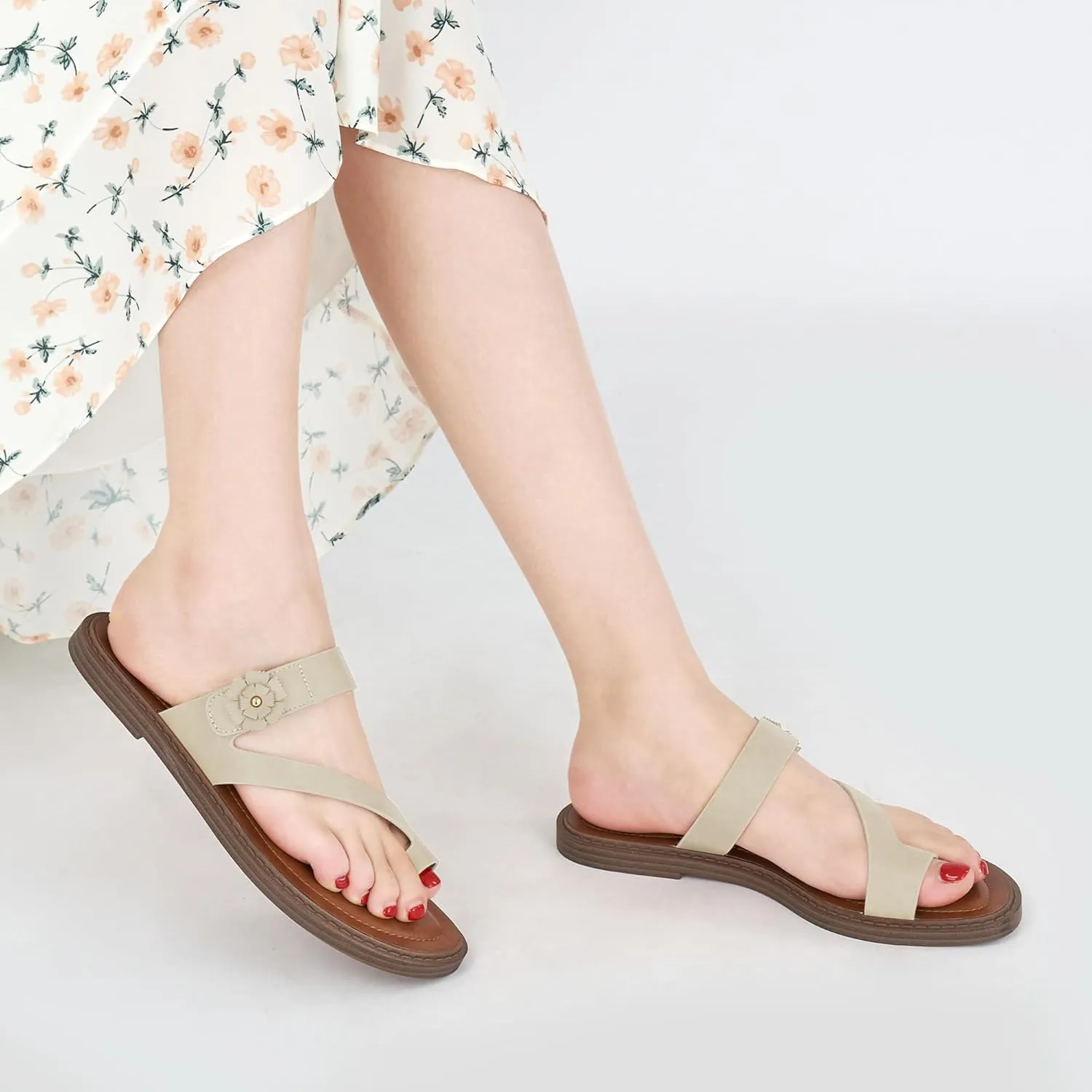 Flat Sandals for Women Dressy: Comfortable Summer Beach Sandal Adjustable Hook loop Slip on Toe Ring Walking Shoes for Travel Office